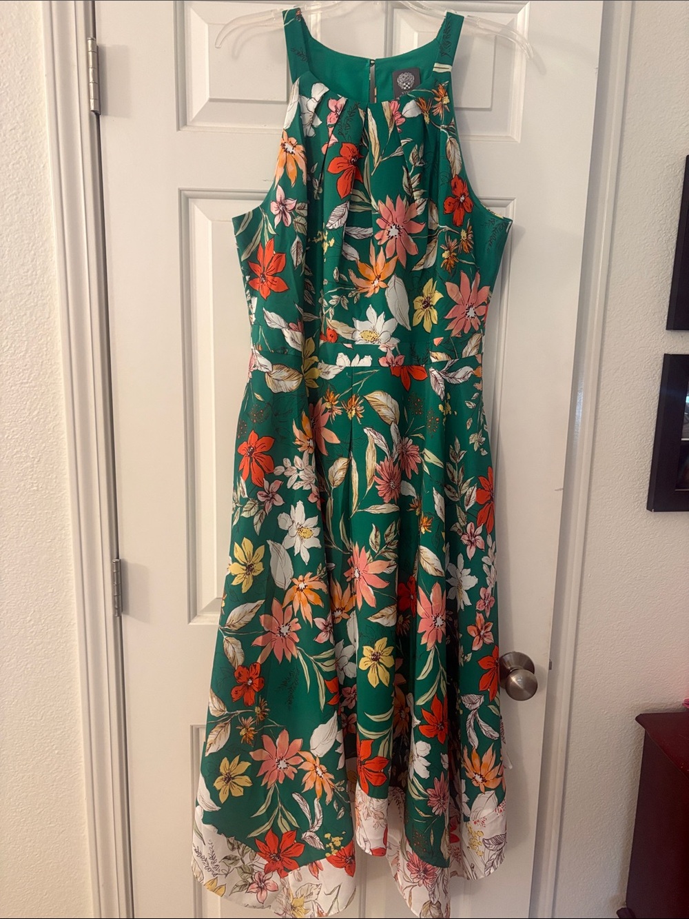 Vince Camuto Jade Green Floral Scarf Hem Halter Dress